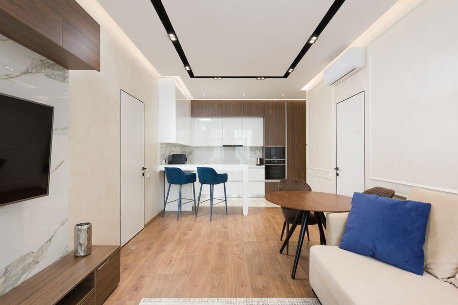 Open-plan apartment living room and kitchen