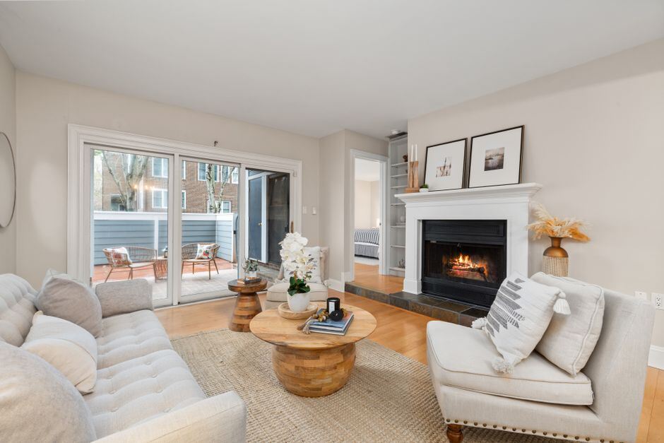 Apartment living room with sliding doors onto a patio